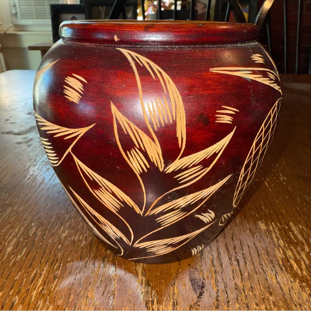 Vintage Hand Carved Solid Wooden Fish Bowl Style Tropical  Vase Art Boho